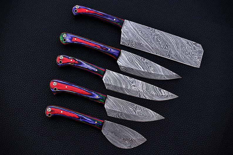 |NB KNIVES| CUSTOM HANDMADE DAMASCUS 5 PCS CHEF SET WITH LEATHER ROLL KIT