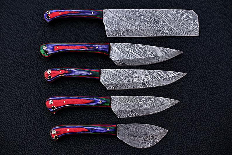 |NB KNIVES| CUSTOM HANDMADE DAMASCUS 5 PCS CHEF SET WITH LEATHER ROLL KIT