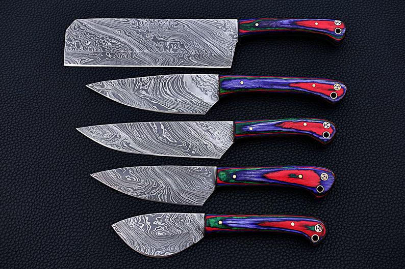 |NB KNIVES| CUSTOM HANDMADE DAMASCUS 5 PCS CHEF SET WITH LEATHER ROLL KIT