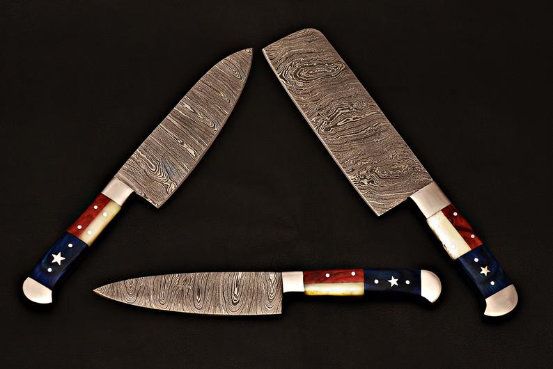 |NB KNIVES| CUSTOM HANDMADE DAMASCUS STEEL 4 PCS TEXAS HANDLE CHEF SET WITH LEATHER ROLL KIT