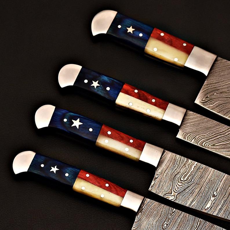 |NB KNIVES| CUSTOM HANDMADE DAMASCUS STEEL 4 PCS TEXAS HANDLE CHEF SET WITH LEATHER ROLL KIT