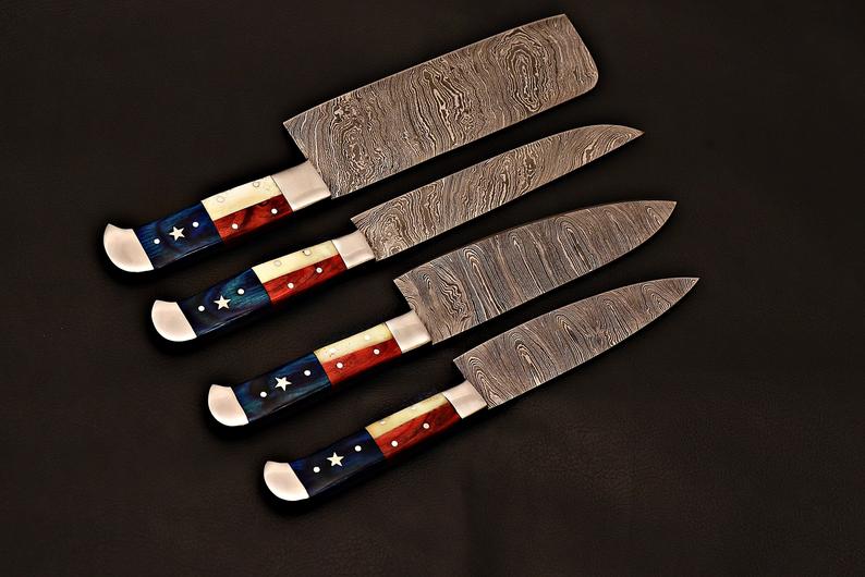 |NB KNIVES| CUSTOM HANDMADE DAMASCUS STEEL 4 PCS TEXAS HANDLE CHEF SET WITH LEATHER ROLL KIT