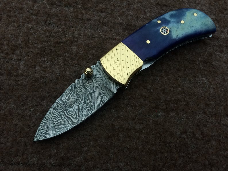 |NB KNIVES| CUSTOM HANDMADE DAMASCUS POCKET KNIFE WITH LEATHER SHEATH