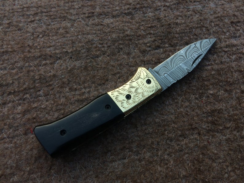|NB KNIVES| CUSTOM HANDMADE DAMASCUS POCKET KNIFE WITH LEATHER SHEATH