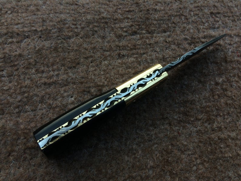|NB KNIVES| CUSTOM HANDMADE DAMASCUS POCKET KNIFE WITH LEATHER SHEATH