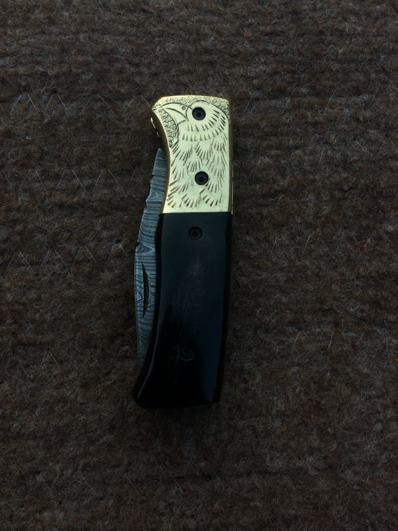 |NB KNIVES| CUSTOM HANDMADE DAMASCUS POCKET KNIFE WITH LEATHER SHEATH