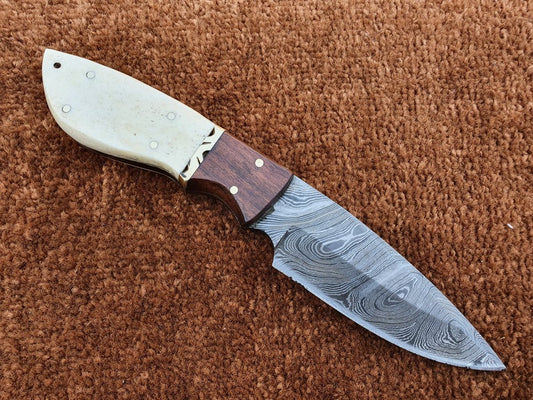 Camel Bone Damascus Skinner with Rosewood Bolster & Leather Sheath