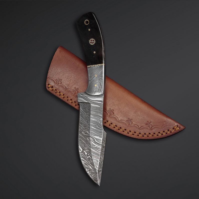 Damascus Skinner Knife with Micarta Handle and Leather Sheath
