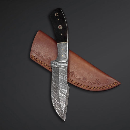 Damascus Skinner Knife with Micarta Handle and Leather Sheath
