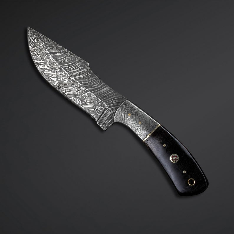Damascus Skinner Knife with Micarta Handle and Leather Sheath