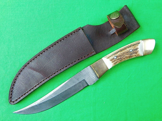Vintage Custom Hand Made Damascus Blade Stag Handle Hunting Knife - NB CUTLERY LTD