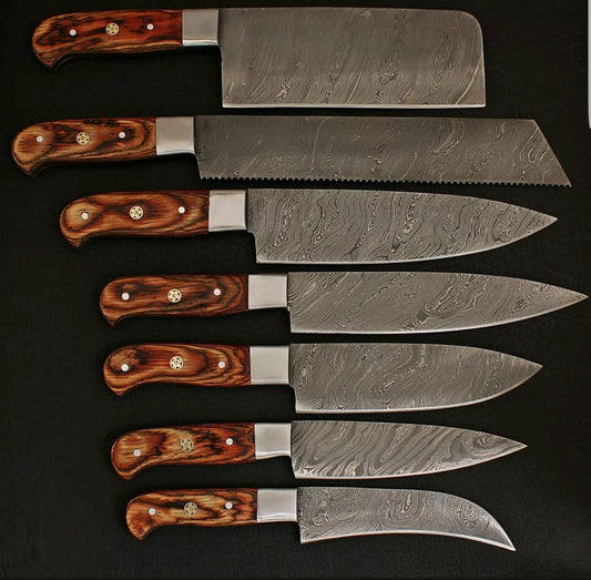 CUTOM HANDMADE DAMASCUS STEEL 7 PIECES CHEF KNIFE SET