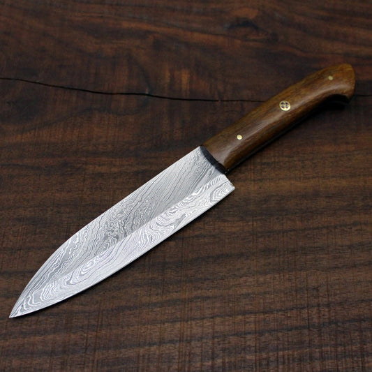 Custom Handmade Damascus Chef Knife Handle Roose Wood With Leather Sheath - NB CUTLERY LTD
