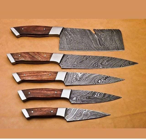 Custom Handmade Damascus Steel 5 Pcs Chef Set Handle Walnut Wood With Leather Kit - NB CUTLERY LTD