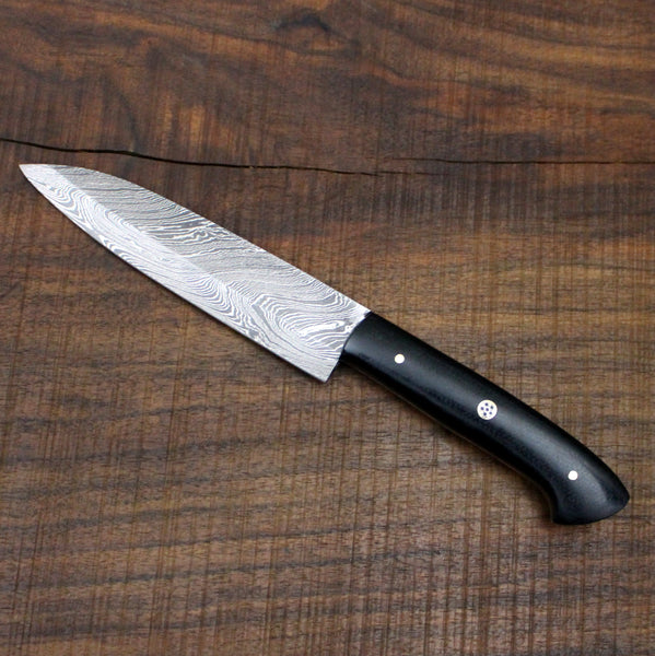 Custom Handmade Damascus Chef Knife Handle black Micarta With Leather Sheath - NB CUTLERY LTD