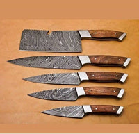Custom Handmade Damascus Steel 5 Pcs Chef Set Handle Walnut Wood With Leather Kit - NB CUTLERY LTD