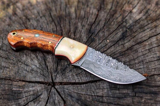 Damascus hunting Knife Handle Rosewood and Camel Bone - NB CUTLERY LTD