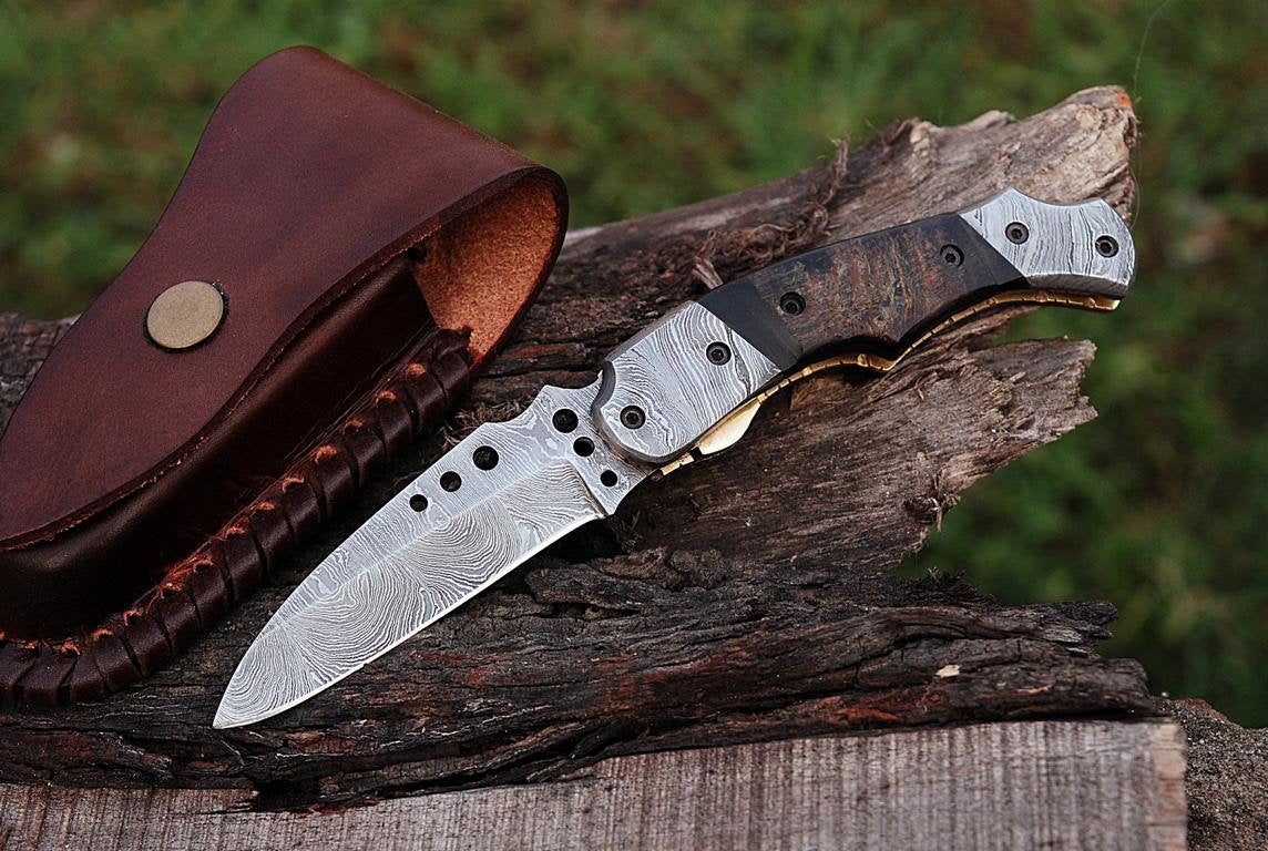 CUSTOM HANDMADE DAMASCUS POCKET KNIFE WITH LEATHER SHEATH