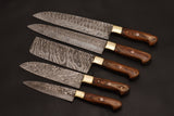Custom Handmade Damascus Steel 5 Pcs Chef Set Handle Natural Wood With Leather Roll Kit - NB CUTLERY LTD