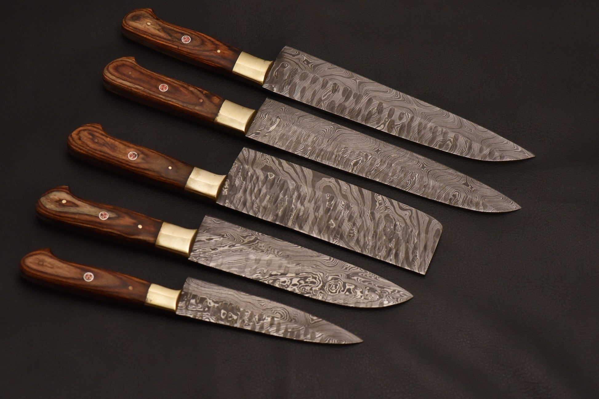 Custom Handmade Damascus Steel 5 Pcs Chef Set Handle Natural Wood With Leather Roll Kit - NB CUTLERY LTD