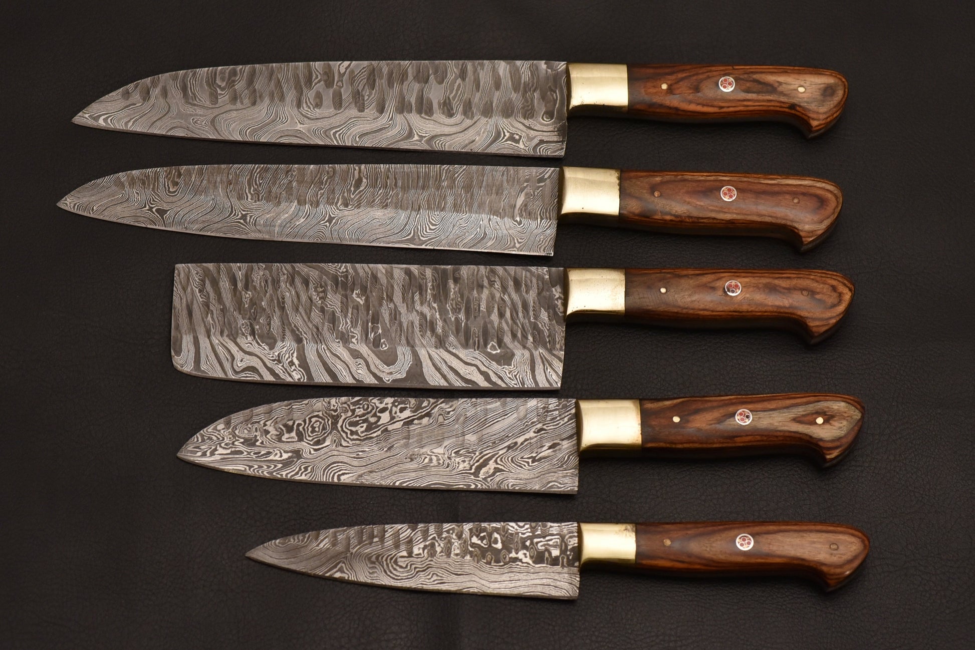 Custom Handmade Damascus Steel 5 Pcs Chef Set Handle Natural Wood With Leather Roll Kit - NB CUTLERY LTD
