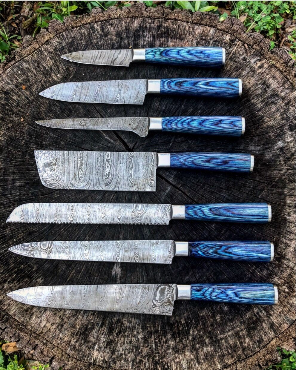 Custom Handmade Damascus Steel 7 Pcs Chef Set Handle Hard Wood With Leather Roll Kit - NB CUTLERY LTD