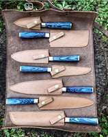 Custom Handmade Damascus Steel 7 Pcs Chef Set Handle Hard Wood With Leather Roll Kit - NB CUTLERY LTD