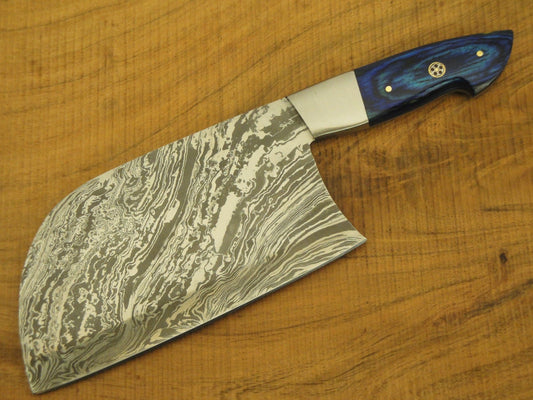 Custom Handmade Damascus Steel Cleaver Meat Knife Handle Hard Wood With Leather Sheath - NB CUTLERY LTD