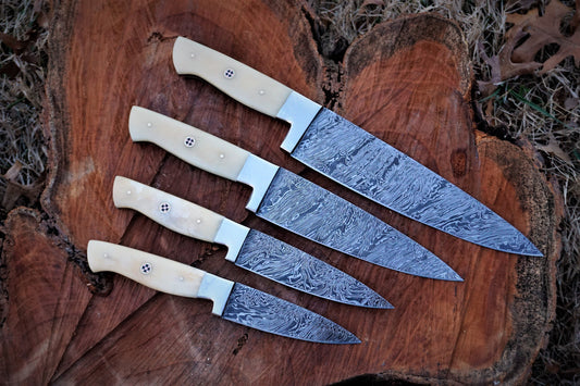 Custome Handmade Damascus 4 Pcs Chef Set Handle Camel Bone With Leather Roll Kit - NB CUTLERY LTD