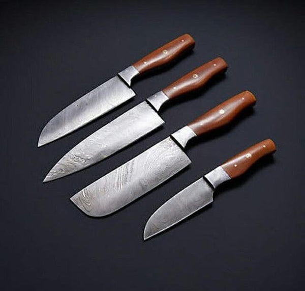 Custom handmade Damascus 4 pcs chef set handle Micarta With Leather Roll Kit - NB CUTLERY LTD