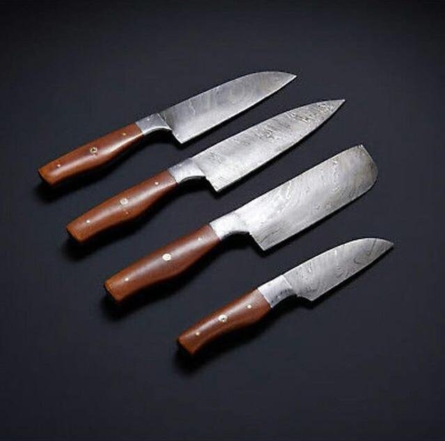Custom handmade Damascus 4 pcs chef set handle Micarta With Leather Roll Kit - NB CUTLERY LTD