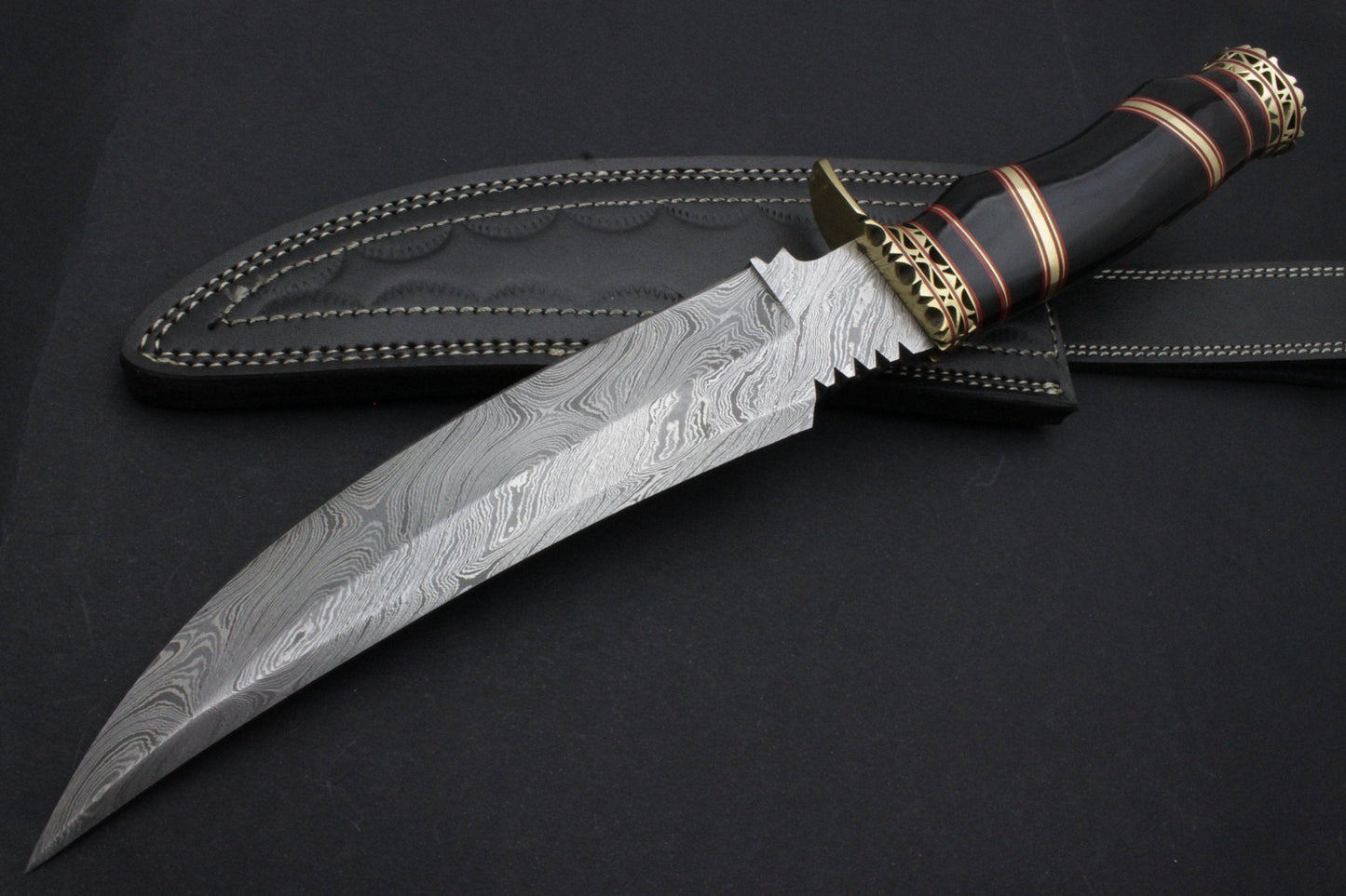 Custom Handmade Damascus Knife Corno Nero Handle with Fantastic Brass Work