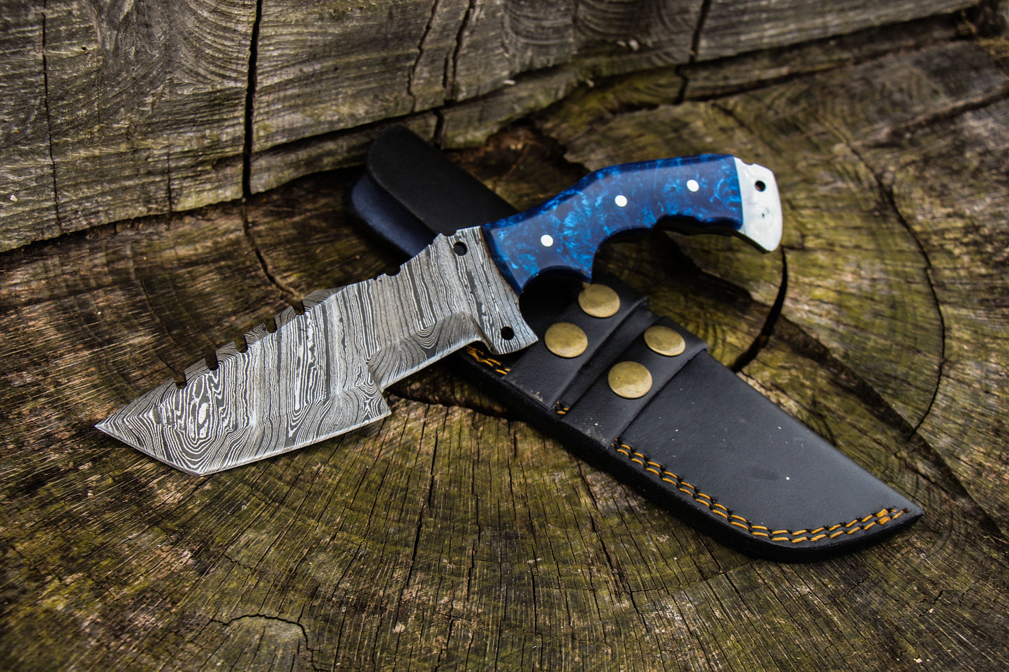 CUSTOM HANDMADE DAMASCUS TRACKER KNIFE WITH LEATHER SHEATH