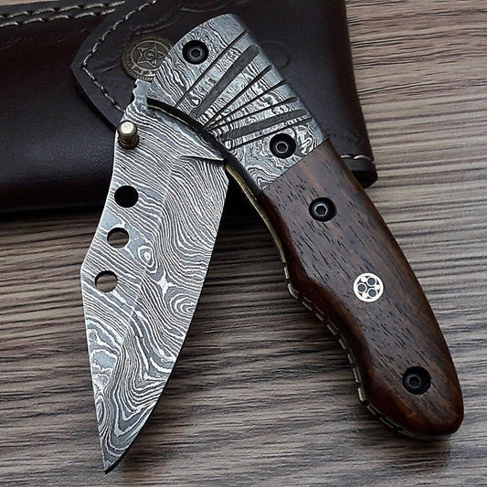Custom Handmade Damascus Folding Pocket Knife Liner Lock Walnut Wood Handle