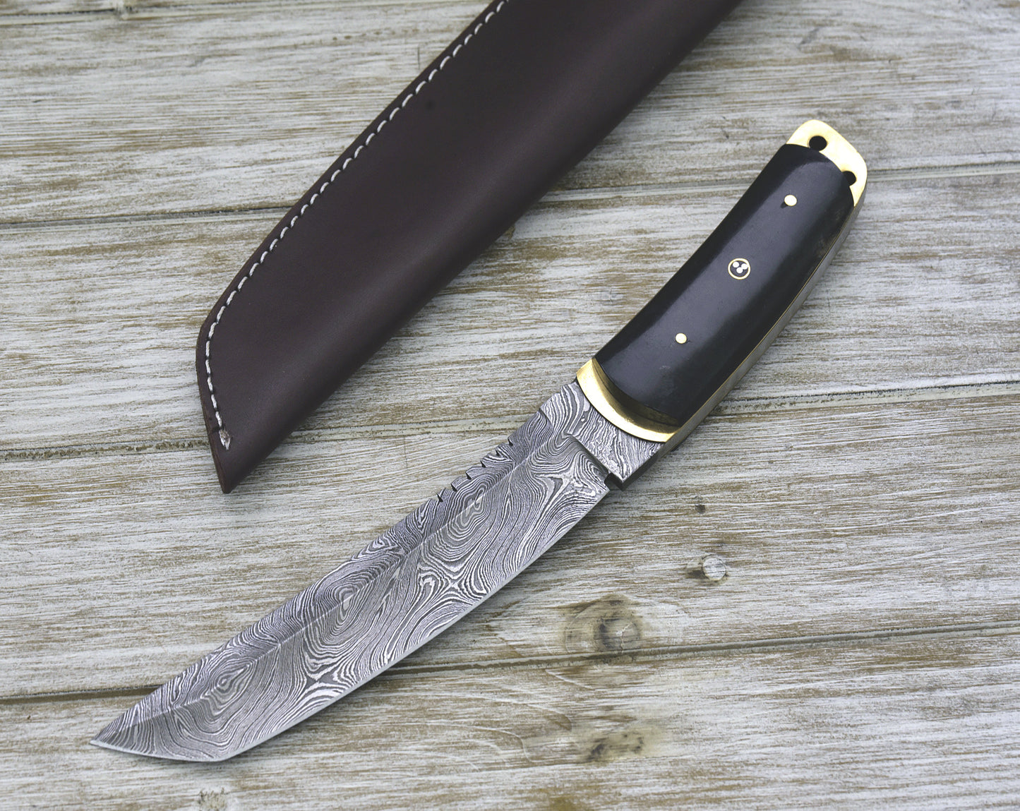 Custom, 12", tactical Tanto knife, damascus knife, Tanto point, hunting knife w/ Buffalo horn scales, brass liner, beautiful twist Damascus