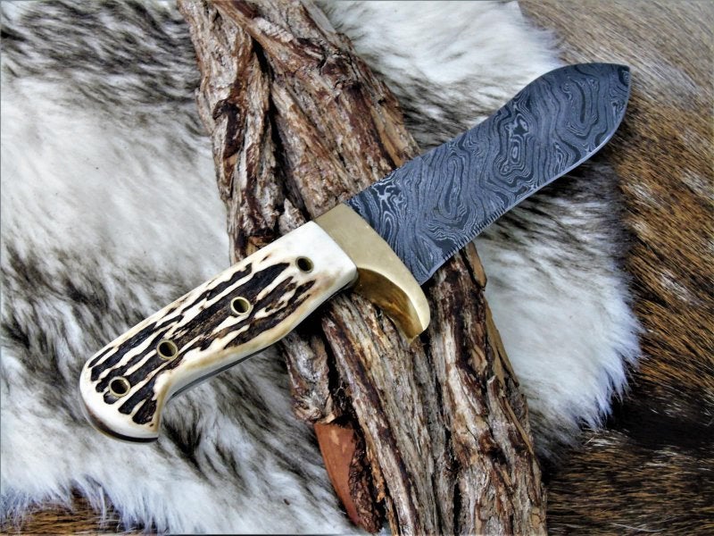 |NB KNIVES| CUSTOM HANDMADE DAMASCUS STEEL STAG HORN HUNTING KNIFE WITH LEATHER SHEATH