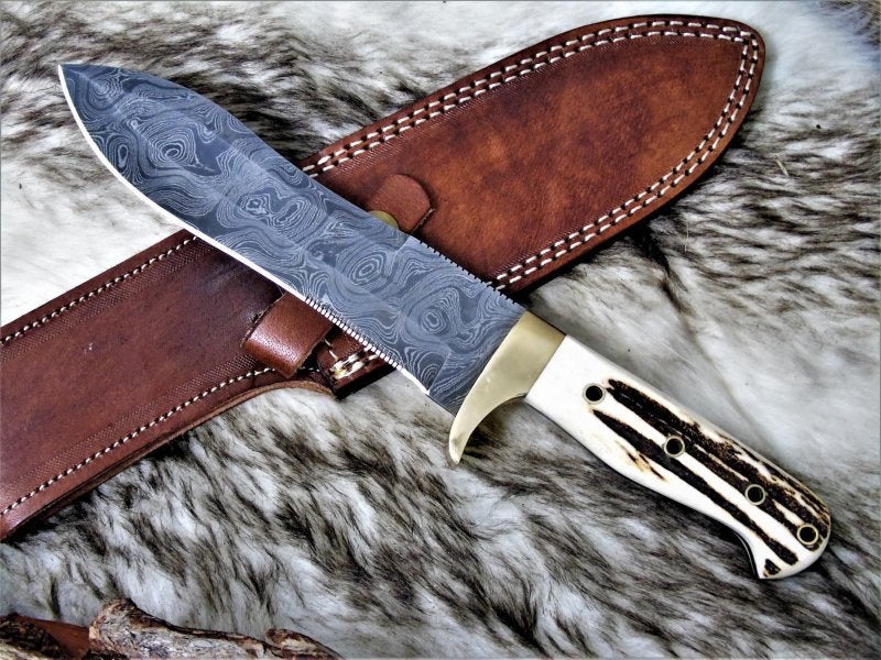|NB KNIVES| CUSTOM HANDMADE DAMASCUS STEEL STAG HORN HUNTING KNIFE WITH LEATHER SHEATH