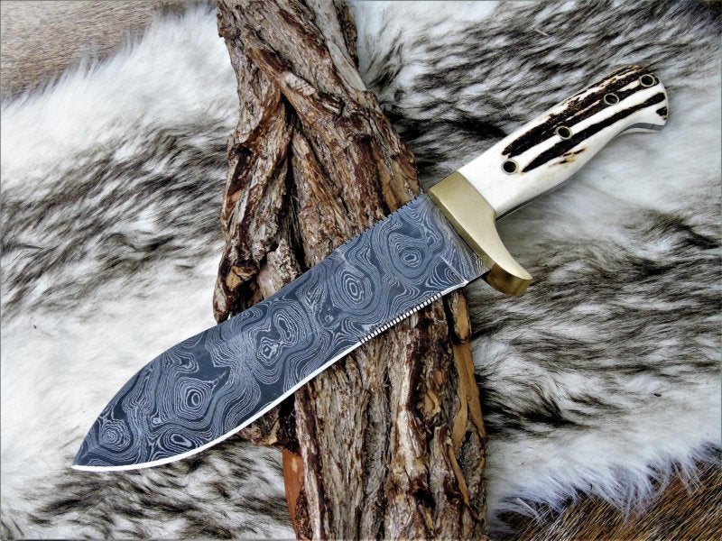 |NB KNIVES| CUSTOM HANDMADE DAMASCUS STEEL STAG HORN HUNTING KNIFE WITH LEATHER SHEATH