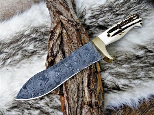 |NB KNIVES| CUSTOM HANDMADE DAMASCUS STEEL STAG HORN HUNTING KNIFE WITH LEATHER SHEATH