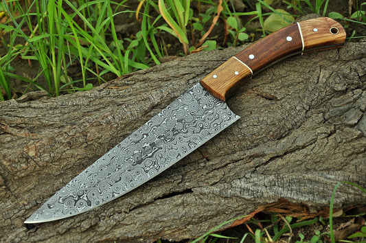 |NB KNIVES| CUSTOM HANDMADE DAMASCUS CHEF KNIFE WITH LEATHER SHEATH