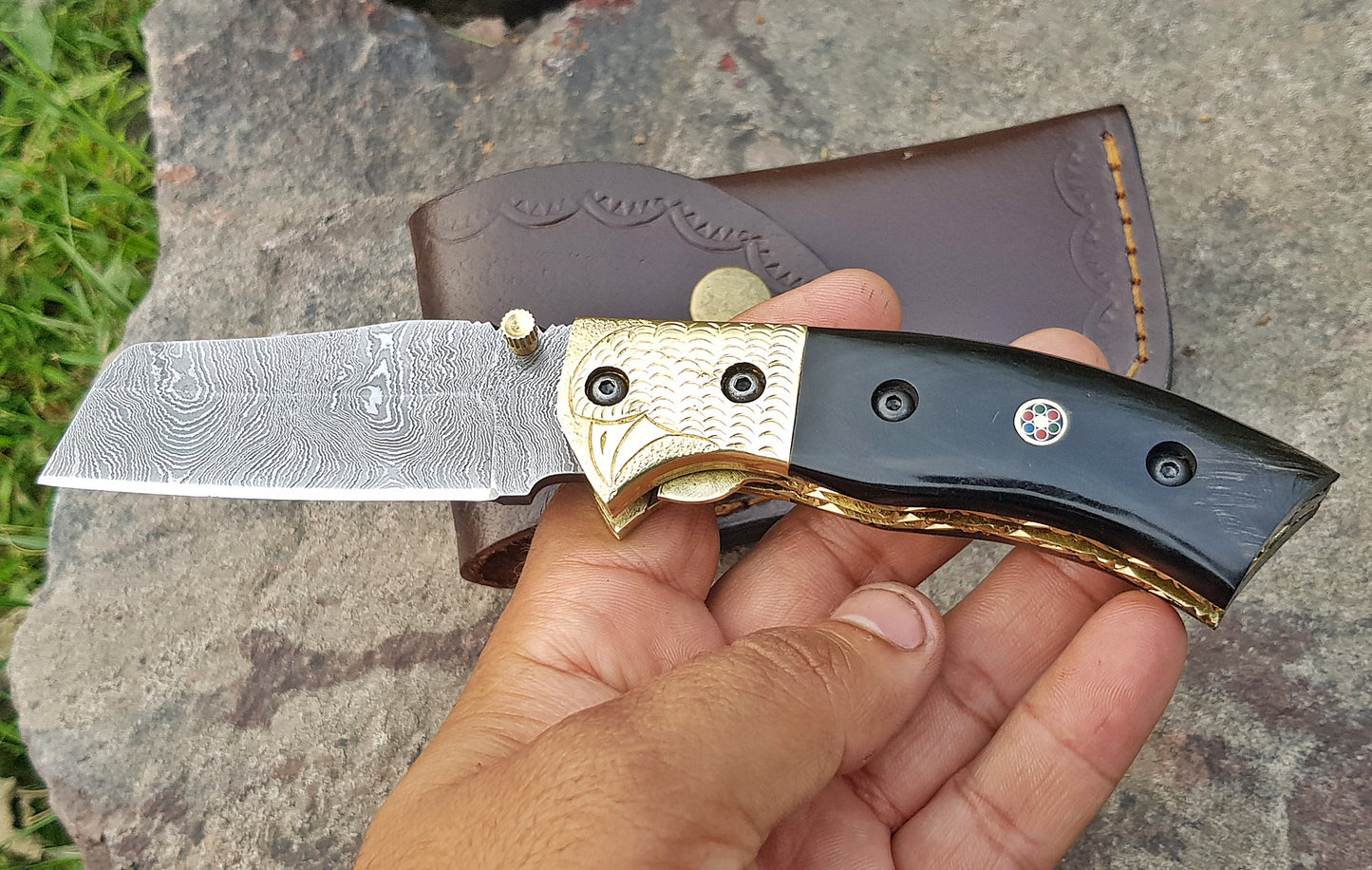CUSTOM HANDMADE DAMASCUS POCKET KNIFE WITH LEATHER SHEATH