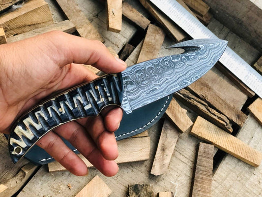 CUSTOM HANDMADE DAMASCUS GUTHOOK HUNTING KNIFE HANDLE MICARTA