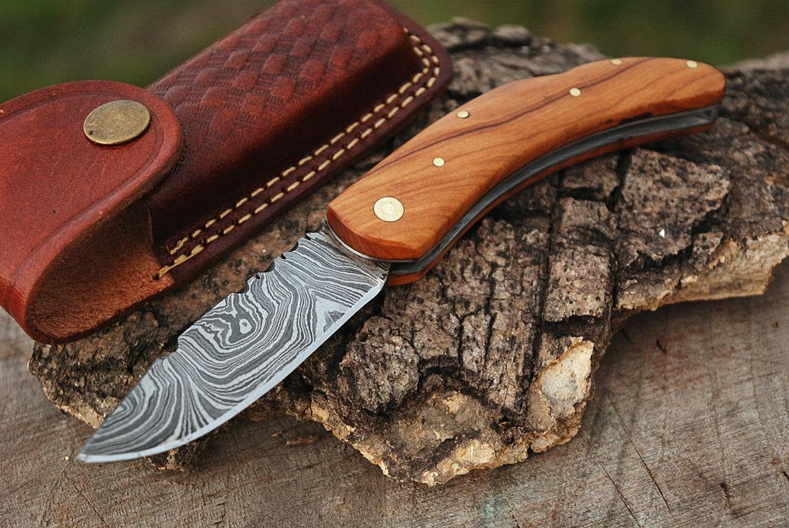 |NB KNIVES| CUSTOM HANDMADE DAMASCUS POCKET KNIFE WITH LEATHER SHEATH