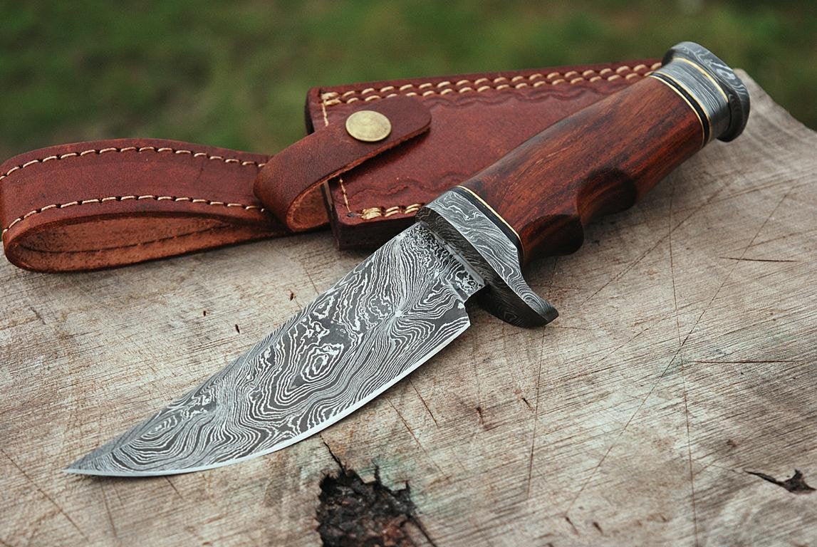 |NB KNIVES| CUSTOM HANDMADE DAMASCUS HUNTING KNIFE WITH LEATHER SHEATH