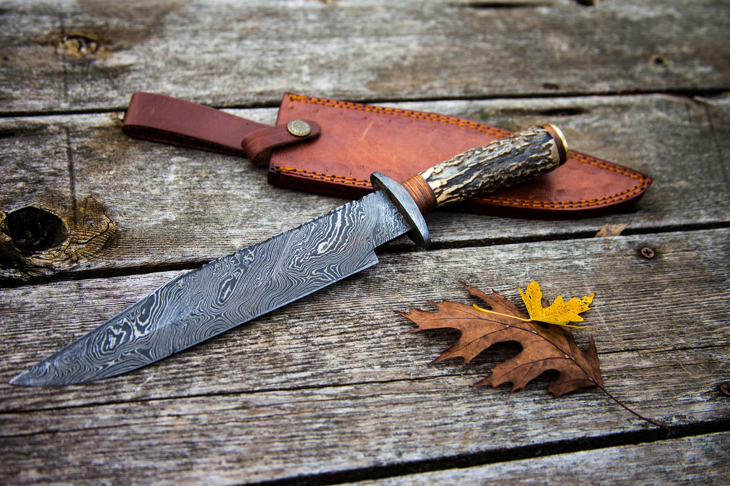 |NB KNIVES| CUSTOM HANDMADE DAMASCUS STEEL STAG HORN HUNTING KNIFE WITH LEATHER SHEATH