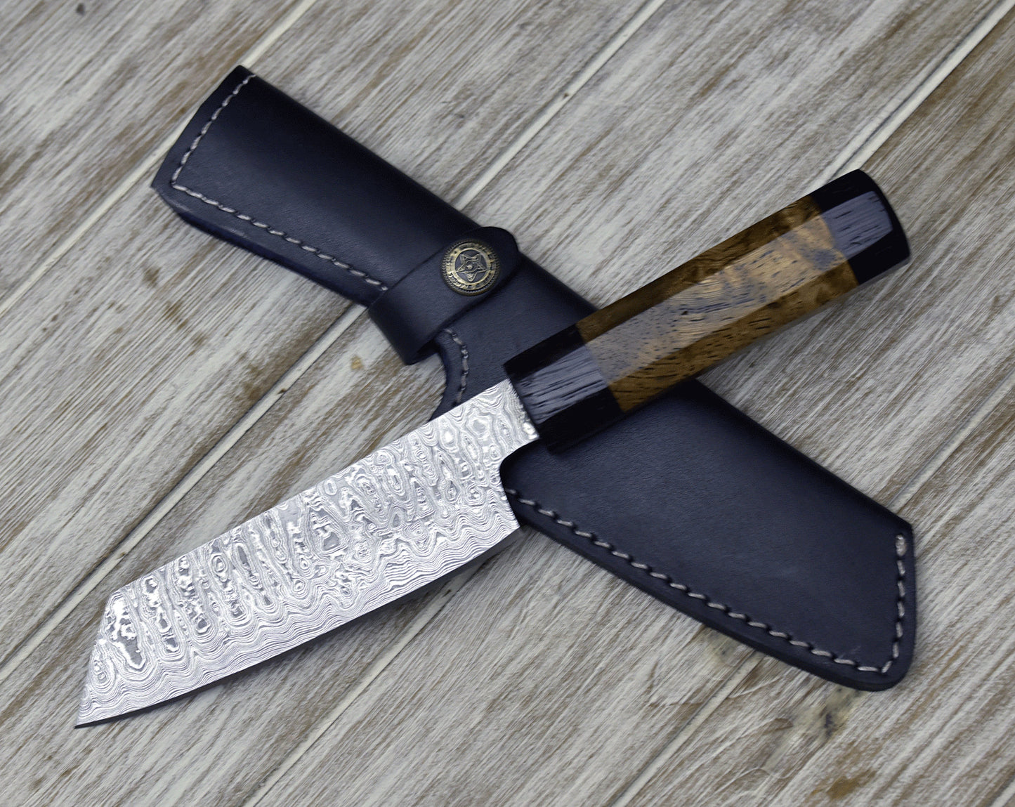 |NB KNIVES| CUSTOM HANDMADE DAMASCUS CHEF KNIFE WITH LEATHER SHEATH