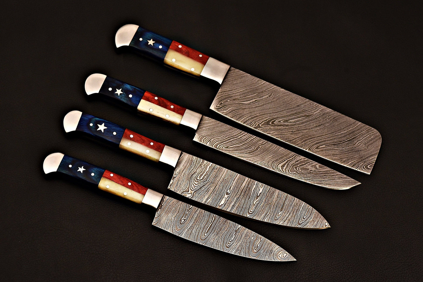 |NB KNIVES| CUSTOM HANDMADE DAMASCUS STEEL 4 PCS TEXAS HANDLE CHEF SET WITH LEATHER ROLL KIT