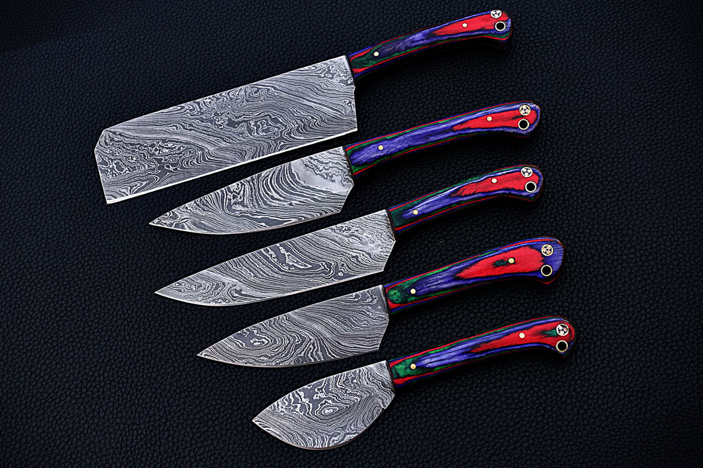 |NB KNIVES| CUSTOM HANDMADE DAMASCUS 5 PCS CHEF SET WITH LEATHER ROLL KIT