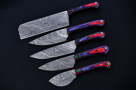 |NB KNIVES| CUSTOM HANDMADE DAMASCUS 5 PCS CHEF SET WITH LEATHER ROLL KIT