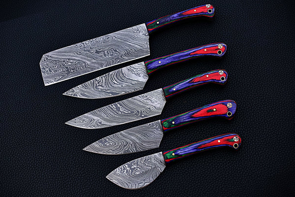 Handmade Damascus Chef set Of 5pcs With Leather,Damascus Knife Set